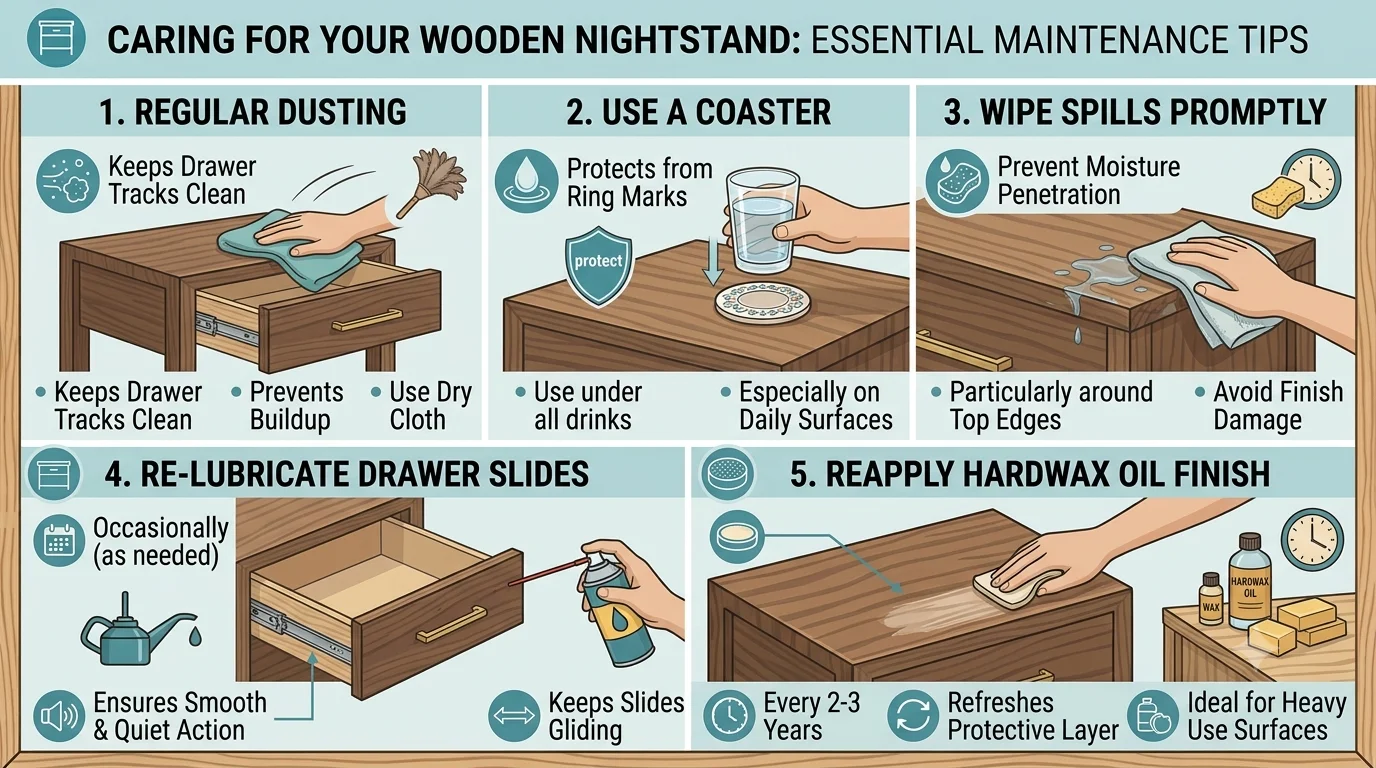 A detailed infographic titled 'Caring For Your Wooden Nightstand: Essential Maintenance Tips' displaying five panels with illustrations and instructions for dusting, using a coaster, wiping spills, re-lubricating slides, and reapplying hardwax oil finish.