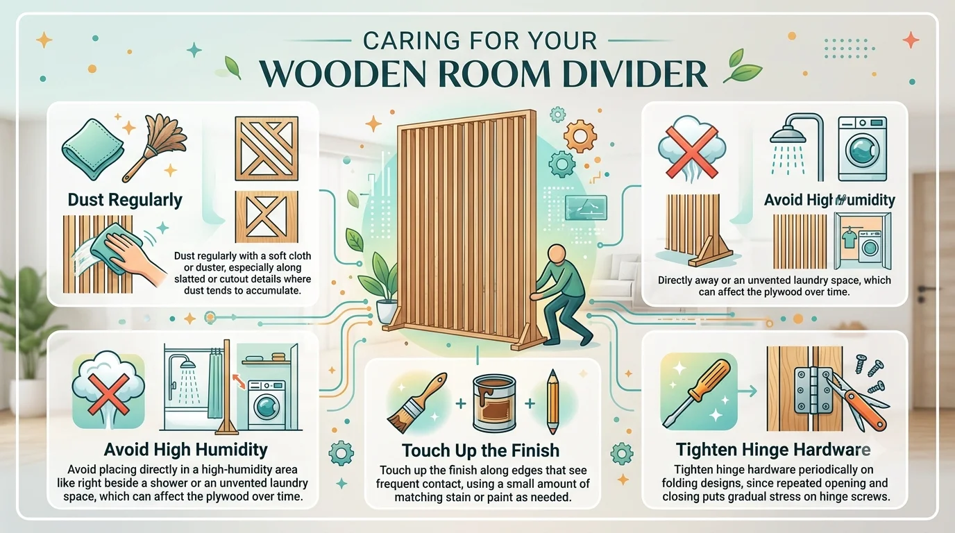 An infographic illustrating five essential maintenance tips for caring for a wooden room divider.