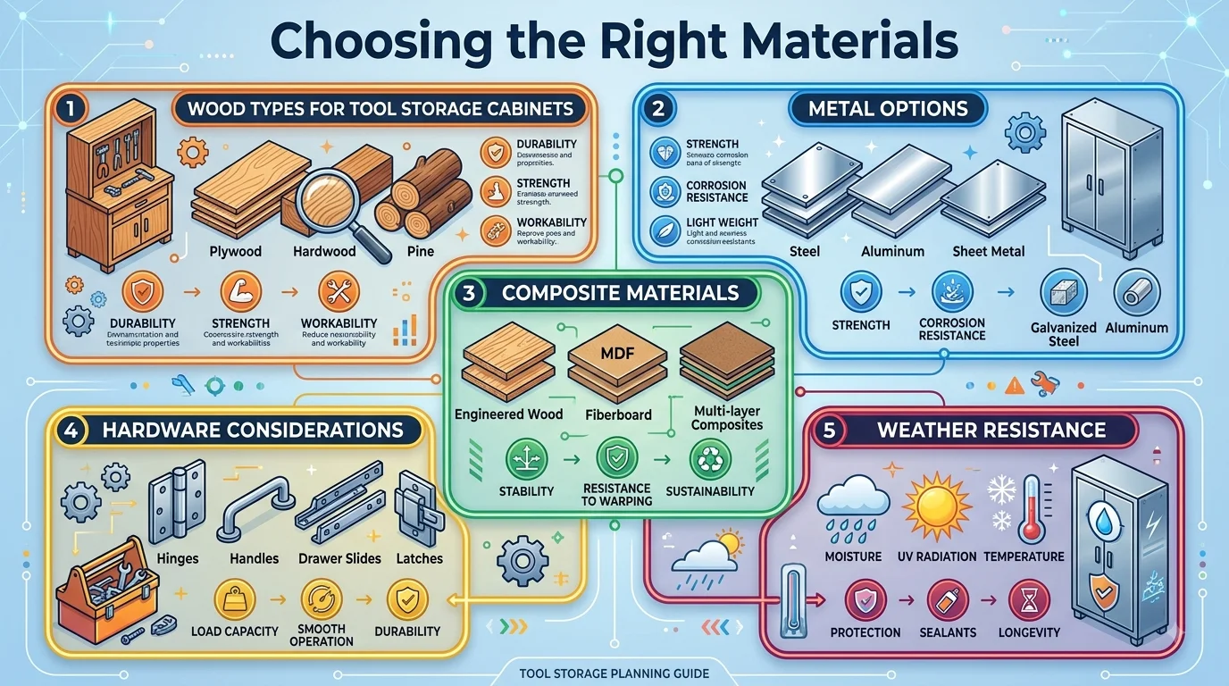 Infographic displaying material choices for tool cabinets, covering wood types, metal, composites, hardware, and weather resistance.