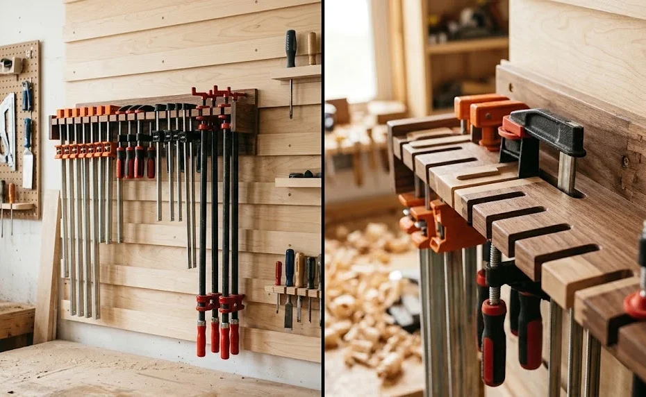 Split-screen view of a wooden workshop clamp rack: full view loaded with clamps on a French cleat wall on the left, close-up of joinery and slotted fingers on the right.