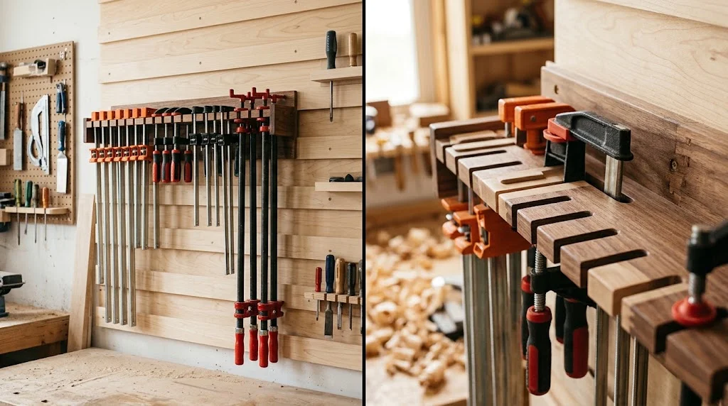 Split-screen view of a wooden workshop clamp rack: full view loaded with clamps on a French cleat wall on the left, close-up of joinery and slotted fingers on the right.