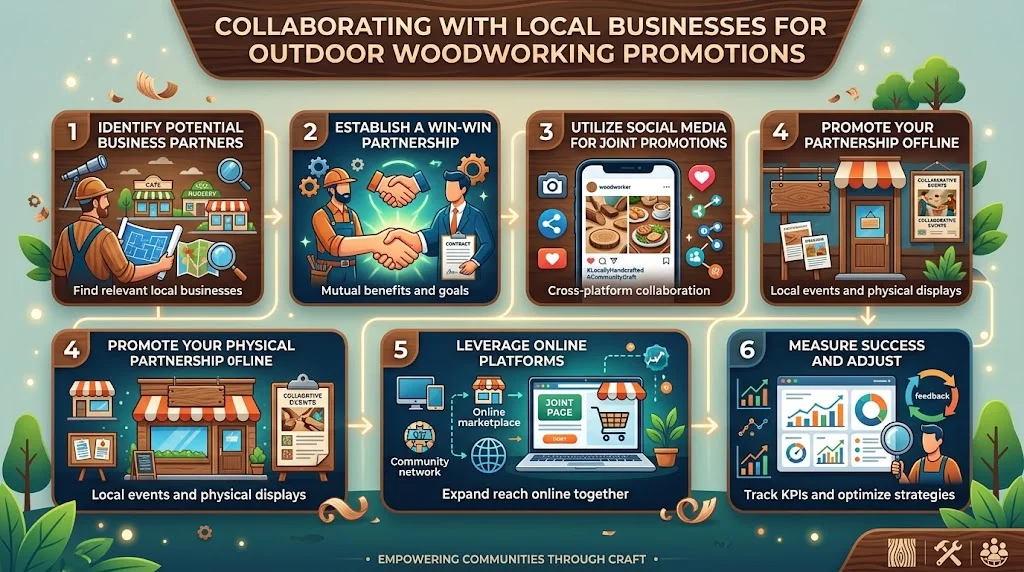 Infographic displaying six steps for collaborating with local businesses on outdoor woodworking promotions.