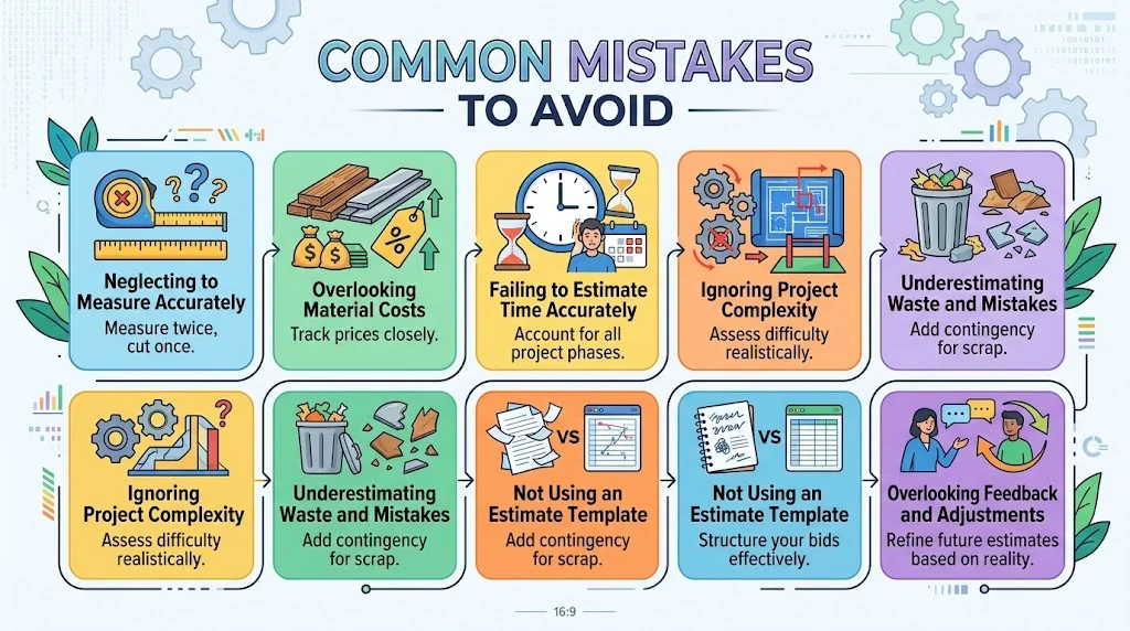 A colorful 16:9 infographic titled "COMMON MISTAKES TO AVOID" presenting seven project estimation pitfalls—such as inaccurate measuring, material costs, time estimates, complexity, waste, templates, and feedback—illustrated with icons and brief advice cards.