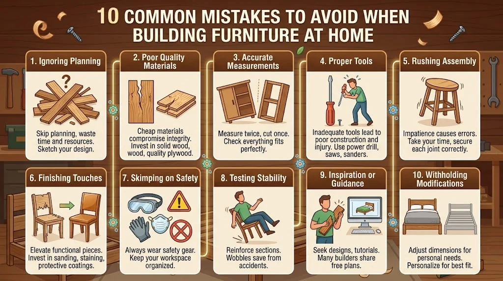 An infographic highlighting 10 common mistakes to avoid when building furniture at home, including ignoring planning, rushing assembly, and skimping on safety.