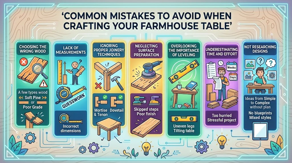 Infographic illustrating seven common mistakes to avoid when crafting a farmhouse table, presented in a 16:9 layout.