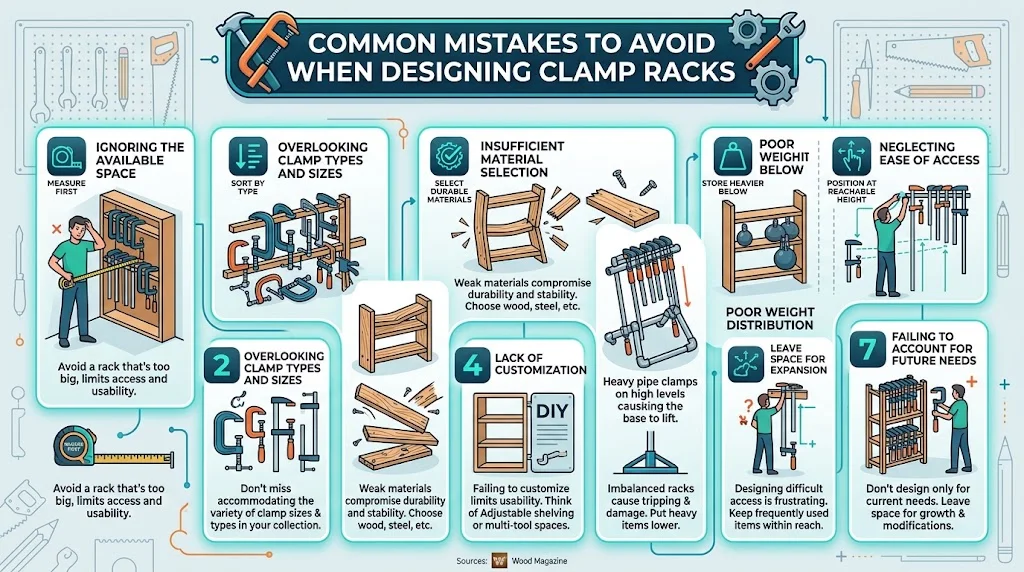Infographic highlighting seven common mistakes to avoid when designing clamp racks, including ignoring space, overlooking clamp types, weak materials, lack of customization, poor weight distribution, hard access, and ignoring future needs.