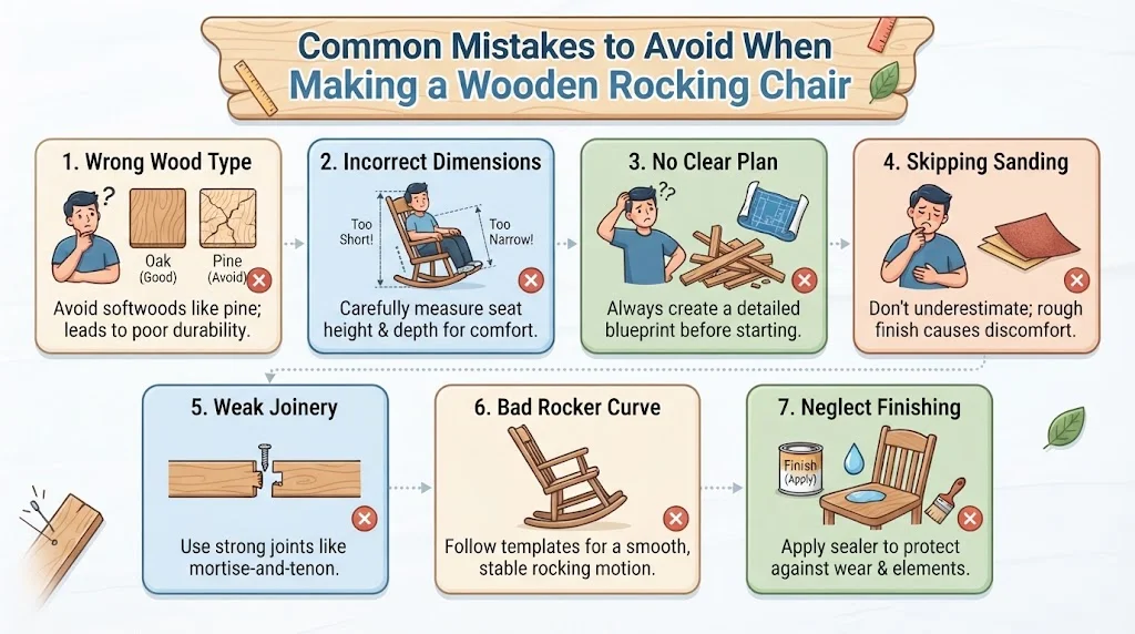 An infographic titled "Common Mistakes to Avoid When Making a Wooden Rocking Chair," presenting seven numbered panels with illustrations and text: 1. Wrong Wood Type, 2. Incorrect Dimensions, 3. No Clear Plan, 4. Skipping Sanding, 5. Weak Joinery, 6. Bad Rocker Curve, and 7. Neglect Finishing. Each panel shows a common error and provides a corrective solution.
