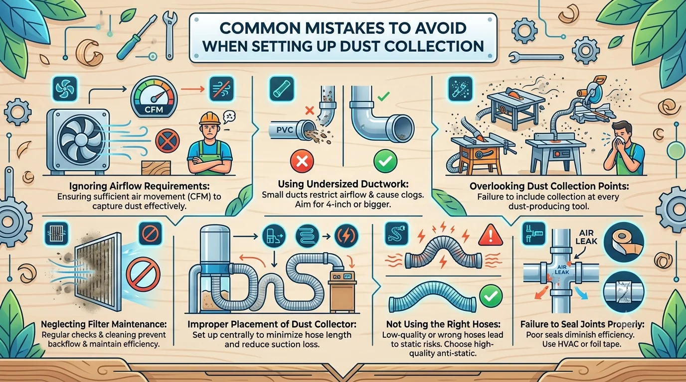 Infographic outlining seven common mistakes to avoid when setting up workshop dust collection