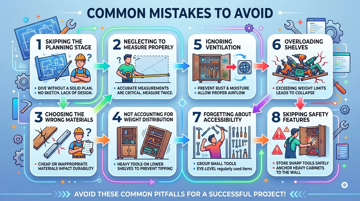 Infographic highlighting eight common mistakes to avoid when building a tool storage cabinet, such as poor planning, incorrect measurements, and safety oversights.