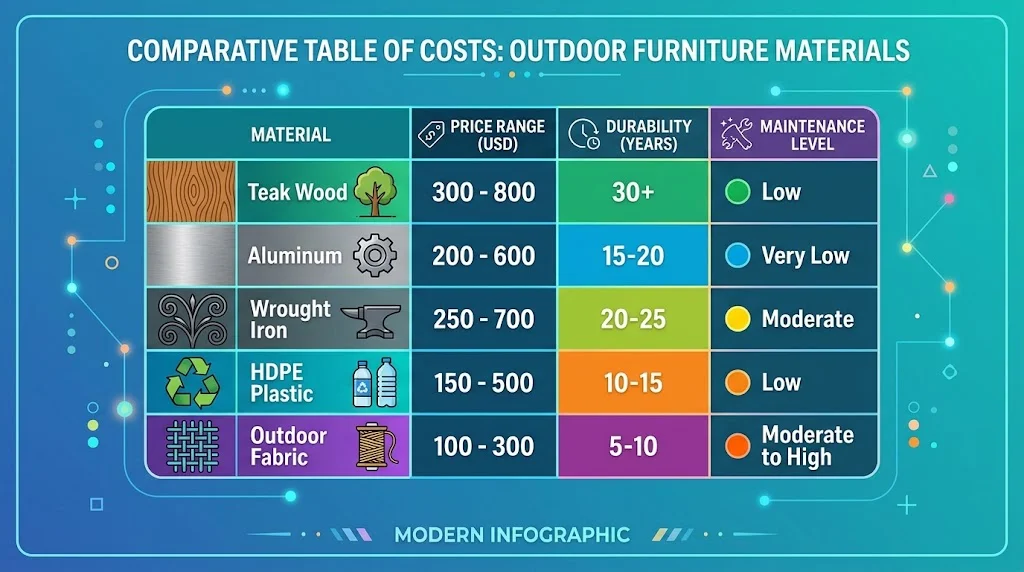 A clean 16:9 infographic titled "Comparative Table of Costs: Outdoor Furniture Materials," which compares five materials: Teak Wood, Aluminum, Wrought Iron, HDPE Plastic, and Outdoor Fabric across categories: Price Range (USD), Durability (Years), and Maintenance Level.