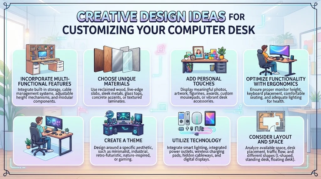 An infographic titled "Creative Design Ideas for Customizing Your Computer Desk" in a 16:9 ratio, featuring seven illustrated sections with icons and text detailing design ideas like multi-functional features, unique materials, personal touches, ergonomics, themes, technology, and layout.