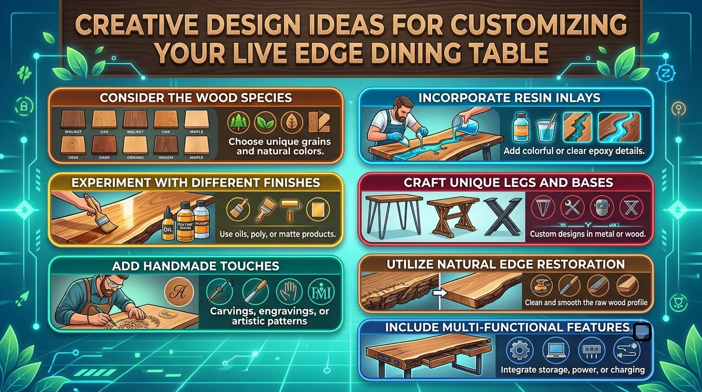 Infographic with seven ideas for customizing a live edge dining table.