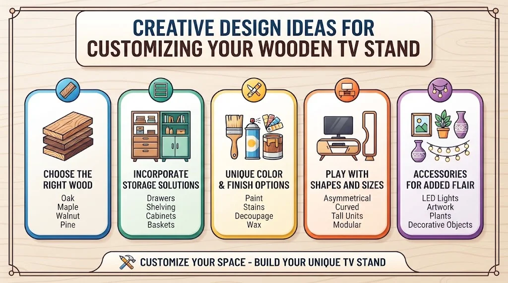 An infographic highlighting five creative design ideas for customizing a wooden TV stand: choosing the right wood, incorporating storage solutions, exploring finish options, playing with shapes, and adding accessories.