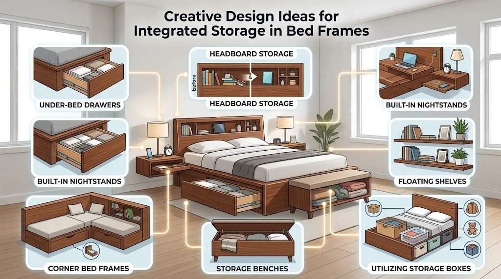 An infographic displaying creative design ideas for integrated bed frame storage, including under-bed drawers, headboard shelves, built-in nightstands, and storage benches.