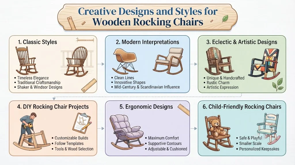 An infographic titled "Creative Designs and Styles for Wooden Rocking Chairs" showcasing six distinct categories: 1) Classic Styles, 2) Modern Interpretations, 3) Eclectic and Artistic Designs, 4) DIY Rocking Chair Projects, 5) Ergonomic Designs, and 6) Child-Friendly Rocking Chairs.