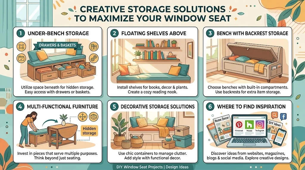 Infographic showing six creative storage solutions to maximize a window seat.
