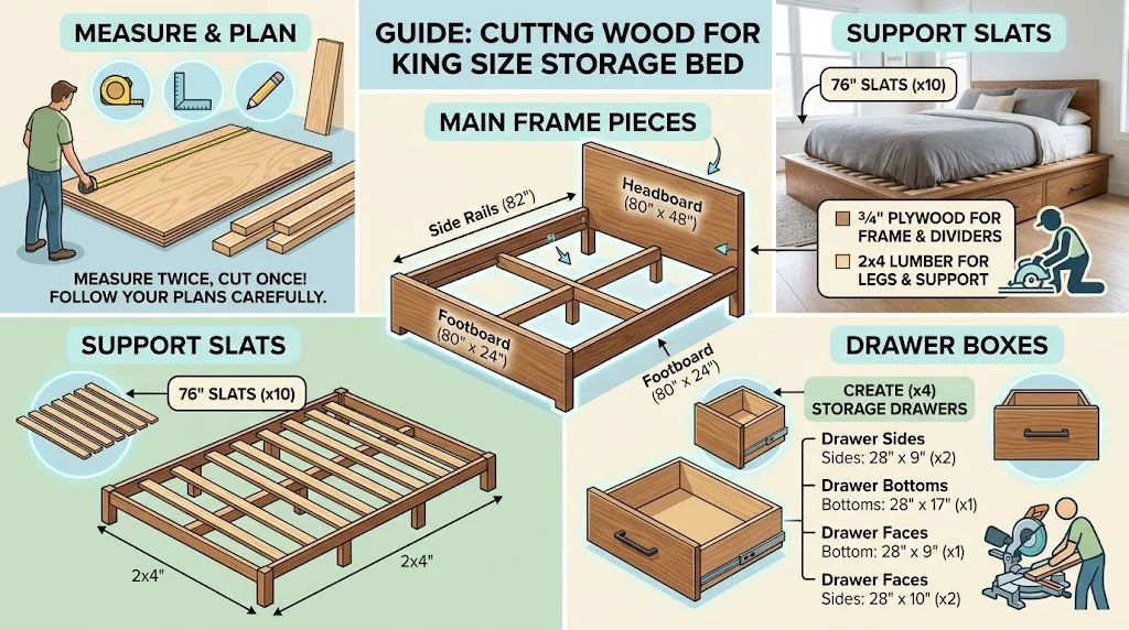 An infographic diagram displaying the cutting dimensions for a DIY king-size storage bed frame, including side rails, headboard, footboard, and slats.