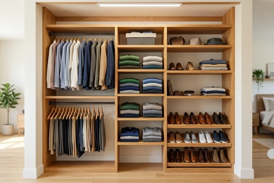Eye-level wide shot of an organized, custom wooden reach-in closet system filled with clothes and shoes.