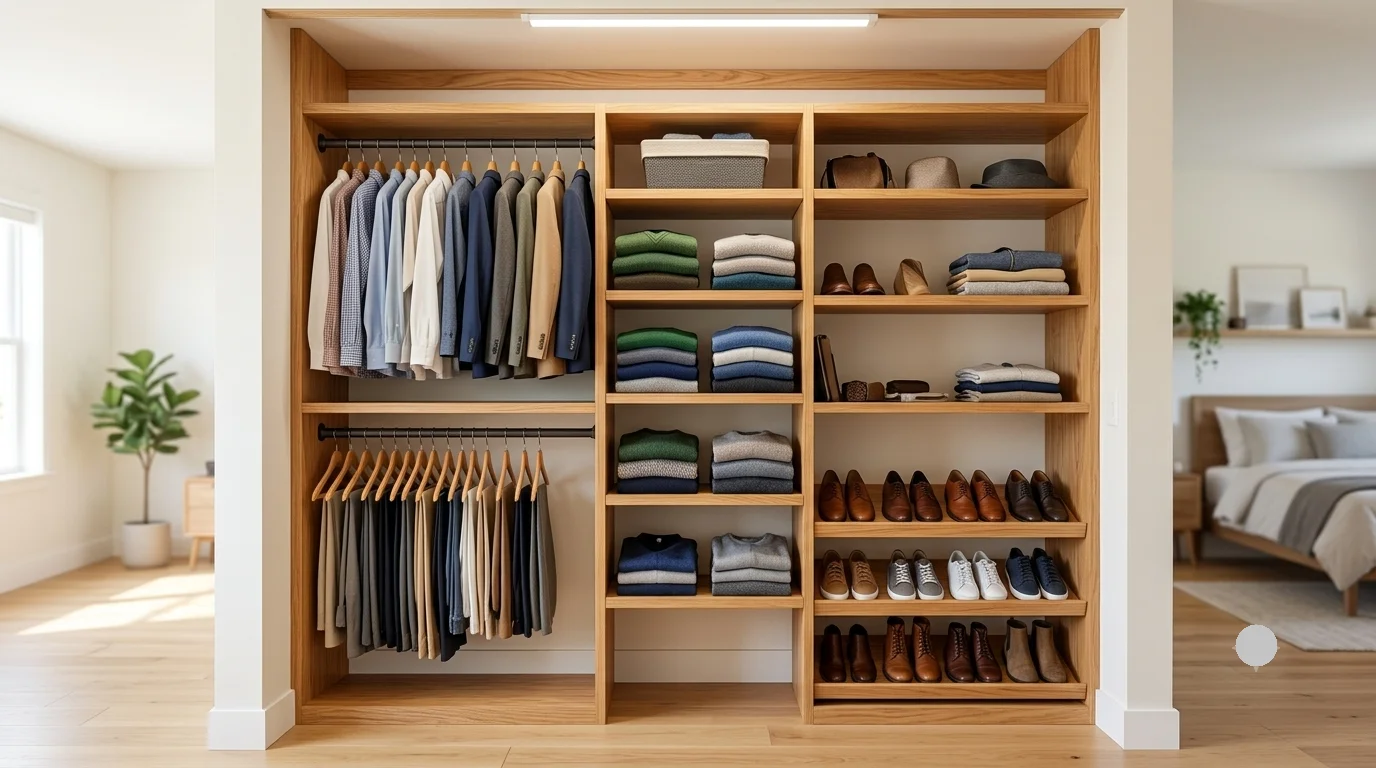 Eye-level wide shot of an organized, custom wooden reach-in closet system filled with clothes and shoes.