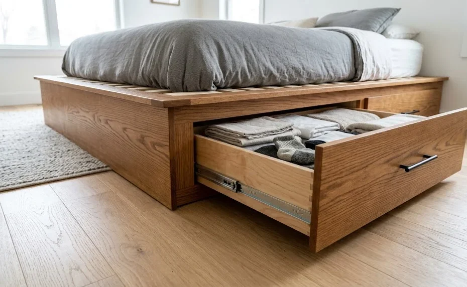 A modern oak platform storage bed with one side drawer fully open, displaying linens and a sock.