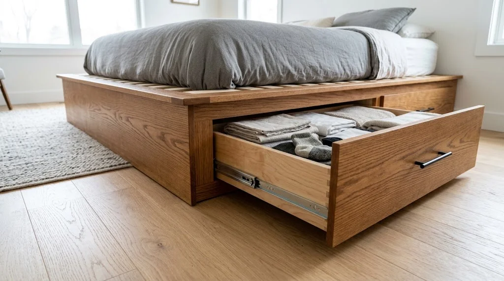 A modern oak platform storage bed with one side drawer fully open, displaying linens and a sock.