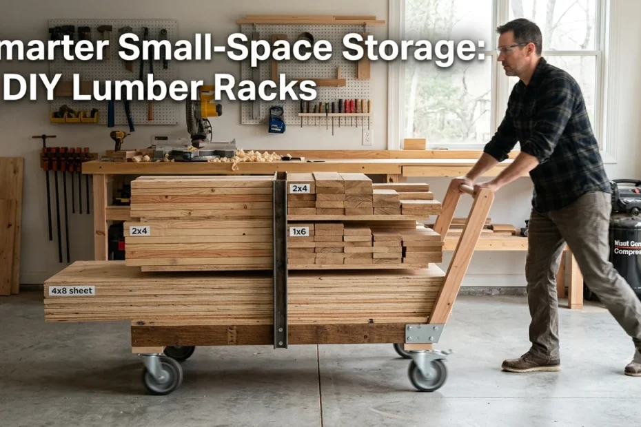 A mobile lumber rack filled with stacked wood being pushed across a sunlit workshop, with the text "Smarter Small-Space Storage: 4 DIY Lumber Racks" in the top left corner.