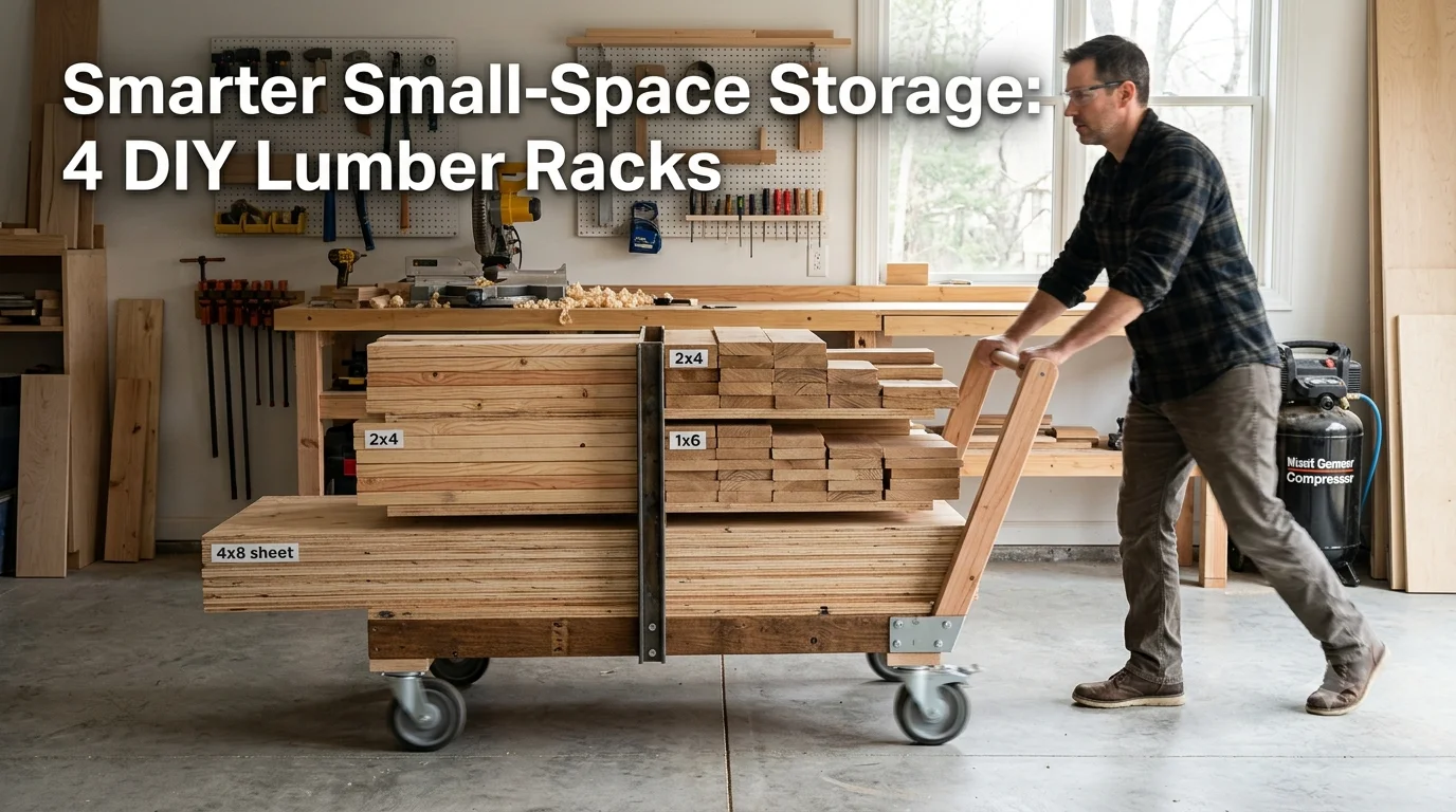 A mobile lumber rack filled with stacked wood being pushed across a sunlit workshop, with the text "Smarter Small-Space Storage: 4 DIY Lumber Racks" in the top left corner.
