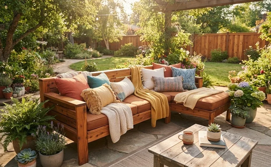 Sunlit backyard patio with a cozy wooden L-shaped sofa, colorful pillows, and potted plants.