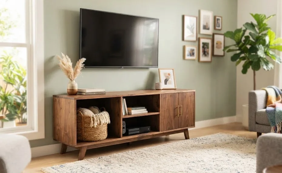 A handcrafted wooden TV stand with open shelving, a woven storage basket, and closed cabinets, positioned in a bright living room beneath a wall-mounted television.