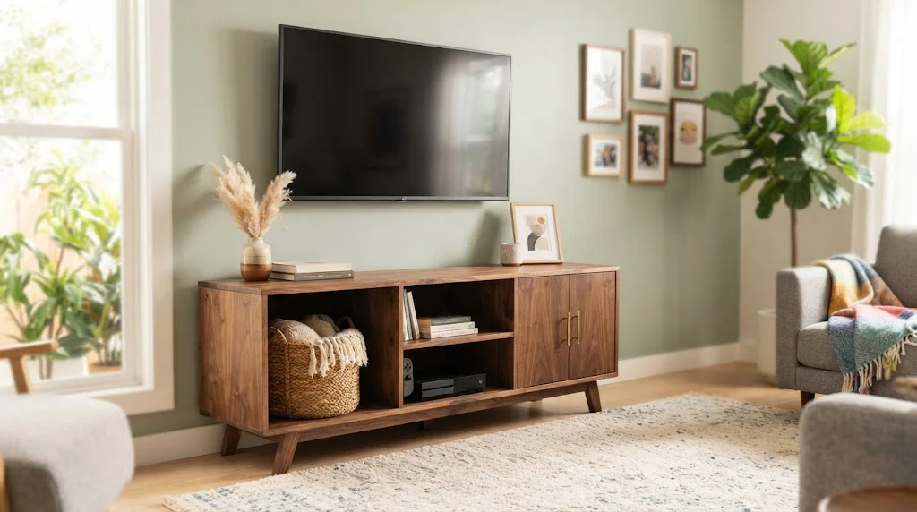 A handcrafted wooden TV stand with open shelving, a woven storage basket, and closed cabinets, positioned in a bright living room beneath a wall-mounted television.