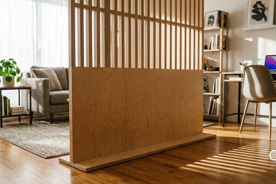 Three-quarters view of a tall, freestanding birch plywood room divider separating a living area and home office.