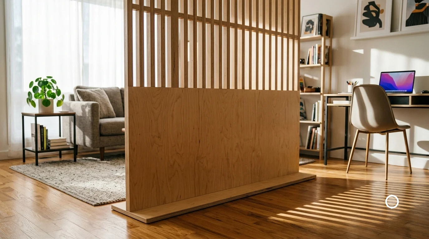 Three-quarters view of a tall, freestanding birch plywood room divider separating a living area and home office.