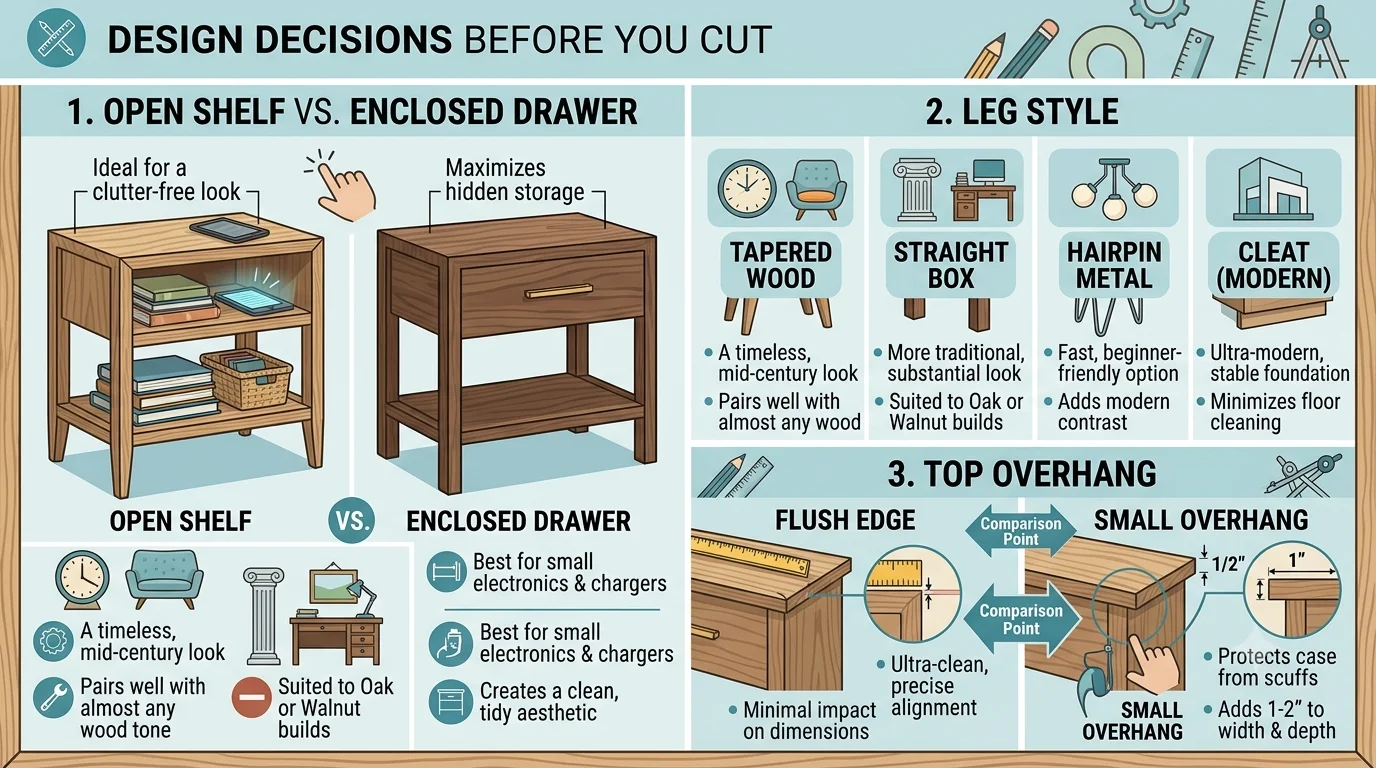 An infographic titled 'Design Decisions Before You Cut' illustrating options for nightstand shelf versus drawer, four leg styles, and top overhang details.