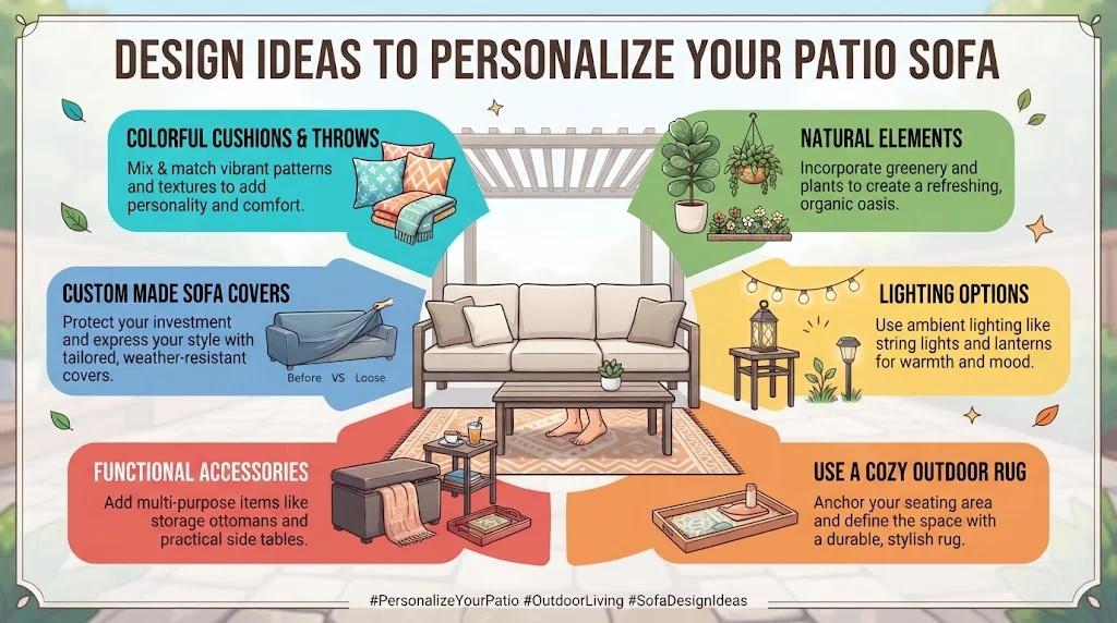Infographic showcasing creative design ideas to personalize a patio sofa, including cushions, natural elements, lighting, rugs, accessories, and covers.
