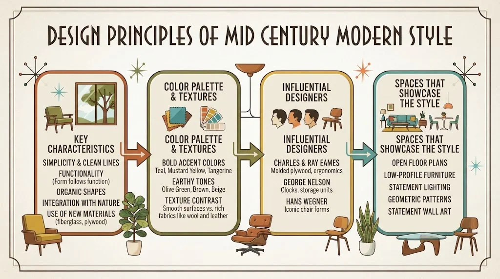 Infographic illustrating the key design principles of mid-century modern style, including characteristics, color palettes, influential designers, and spaces.