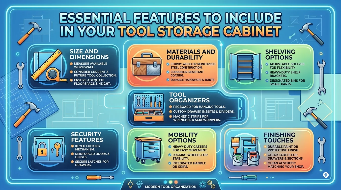 Infographic outlining essential tool storage cabinet features, including size, materials, shelving, organizers, security, mobility, and finishing touches.