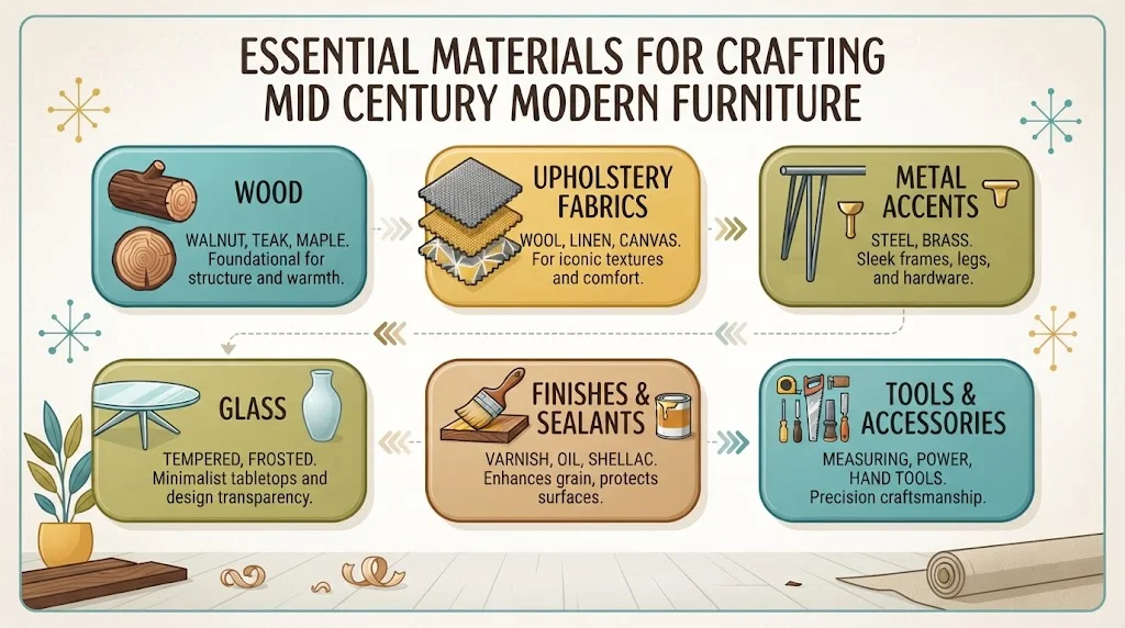Infographic outlining essential materials for crafting mid-century modern furniture, including wood, fabrics, metal, glass, finishes, and tools.