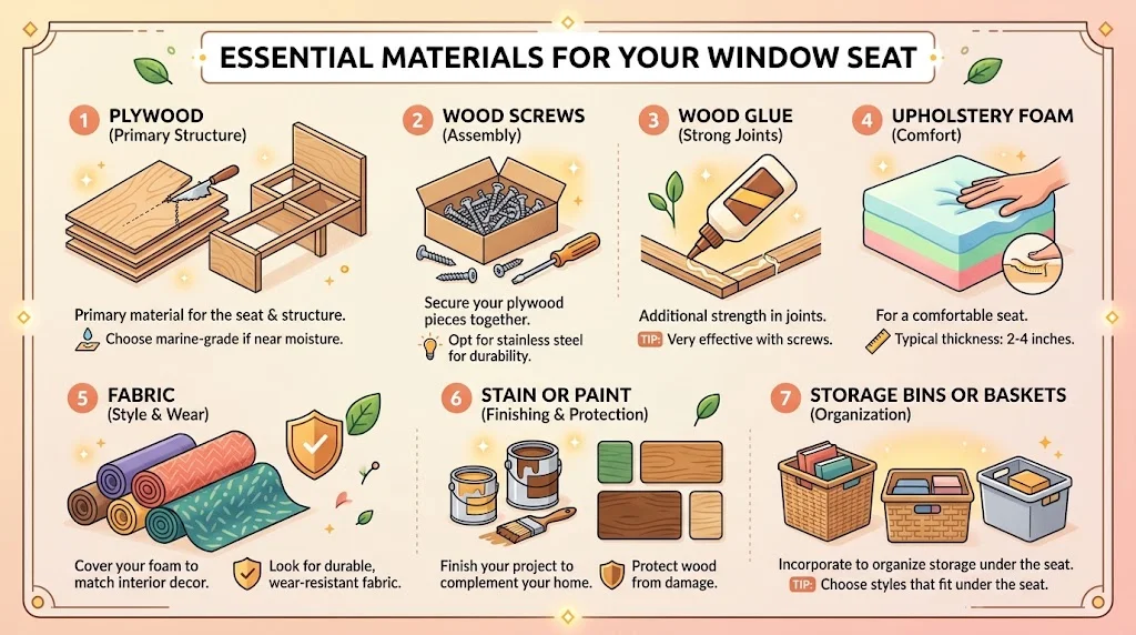 Infographic listing seven essential materials for building a window seat.
