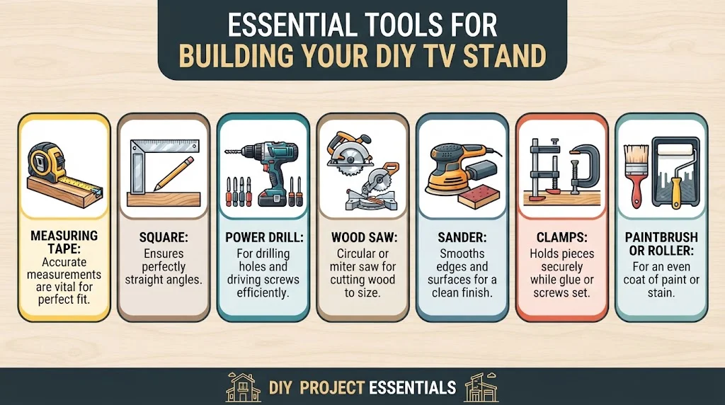 An infographic displaying seven essential tools for building a DIY TV stand: measuring tape, square, power drill, wood saw, sander, clamps, and a paintbrush or roller.