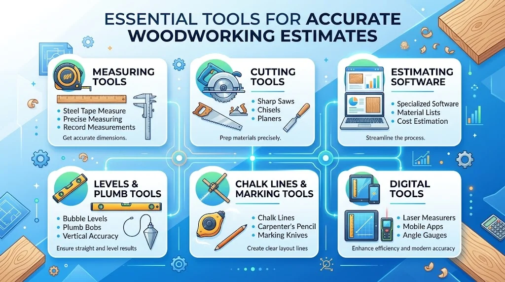 A modern blue-themed infographic titled "ESSENTIAL TOOLS FOR ACCURATE WOODWORKING ESTIMATES" showcasing six illustrated tool categories: Measuring Tools, Cutting Tools, Estimating Software, Levels & Plumb Tools, Chalk Lines & Marking Tools, and Digital Tools, each with a brief bulleted list and description.