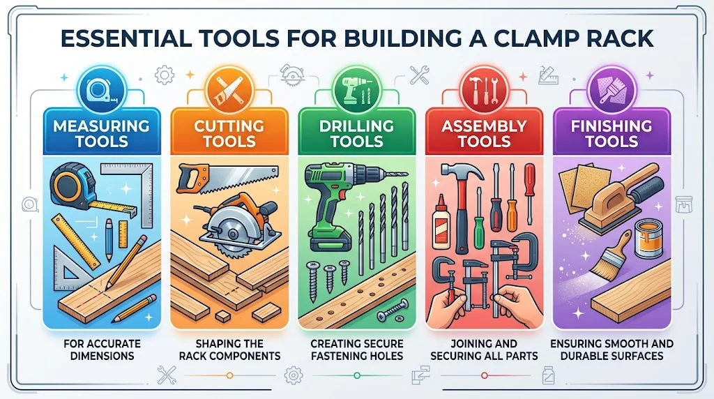 A well-organized infographic illustrating five categories of essential woodworking tools—measuring, cutting, drilling, assembly, and finishing—needed for building a clamp rack.