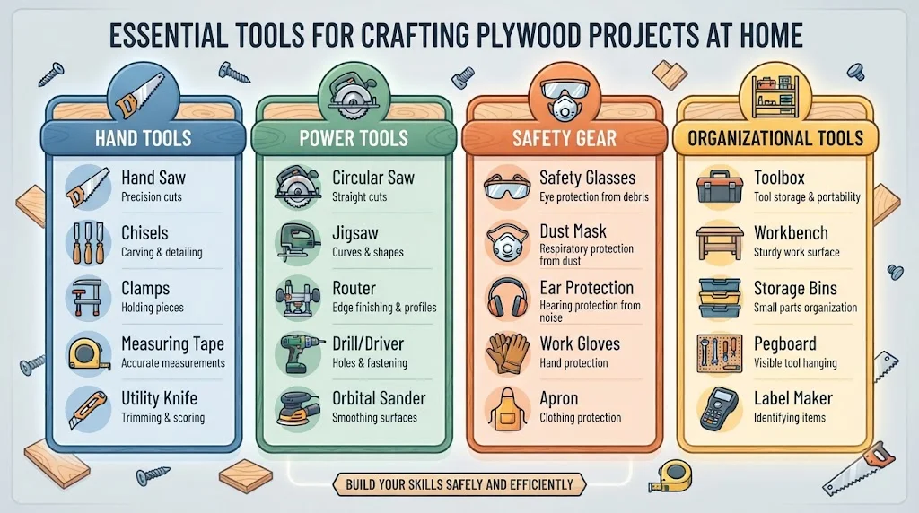 An infographic categorizing essential woodworking tools into hand tools, power tools, safety gear, and organizational tools.