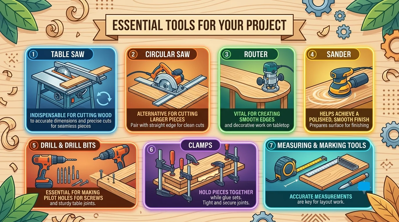 Infographic of essential woodworking tools for building a live edge dining table