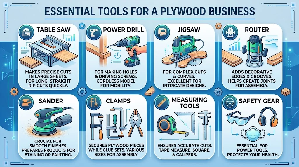 Infographic titled "Essential Tools for a Plywood Business" displaying eight woodworking categories with icons and descriptions, including a table saw, power drill, jigsaw, router, sander, clamps, measuring tools, and safety gear.
