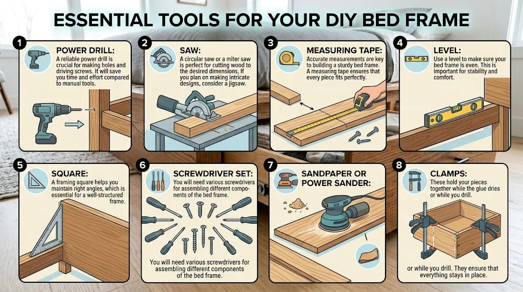 An infographic illustrating eight essential tools for a DIY bed frame project, including a power drill, saw, measuring tape, and clamps.