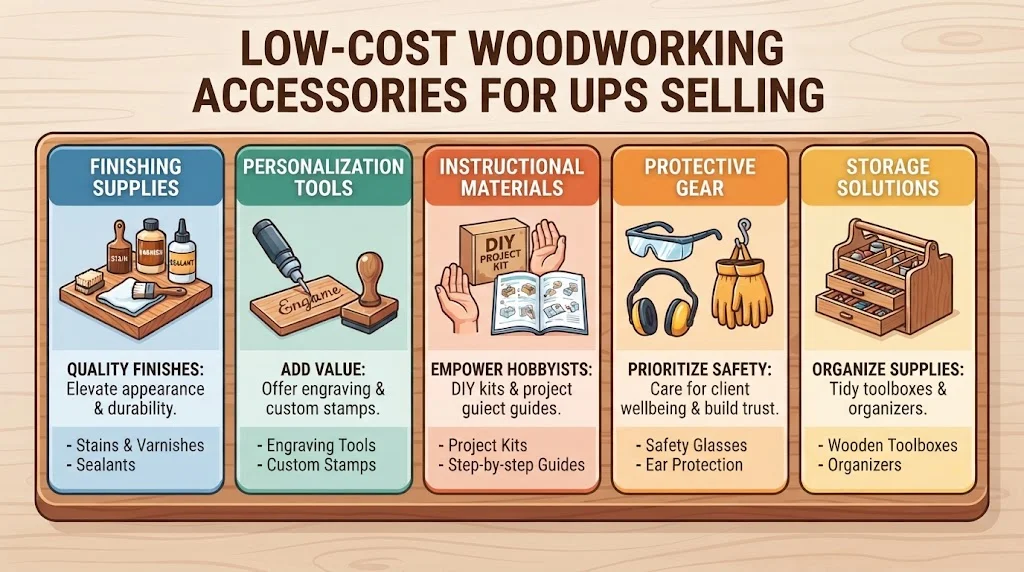 An infographic titled "LOW-COST WOODWORKING ACCESSORIES FOR UPS SELLING" with five columns: Finishing Supplies, Personalization Tools, Instructional Materials, Protective Gear, and Storage Solutions, each with icons, descriptions, and examples.