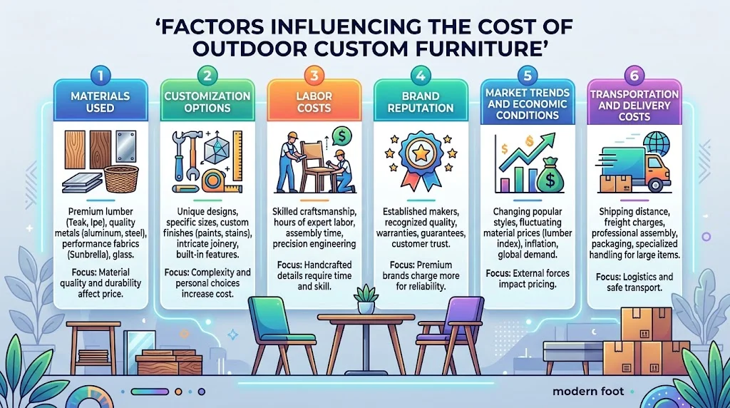 A 16:9 infographic titled "Factors Influencing the Cost of Outdoor Custom Furniture," presenting six numbered columns with icons and text