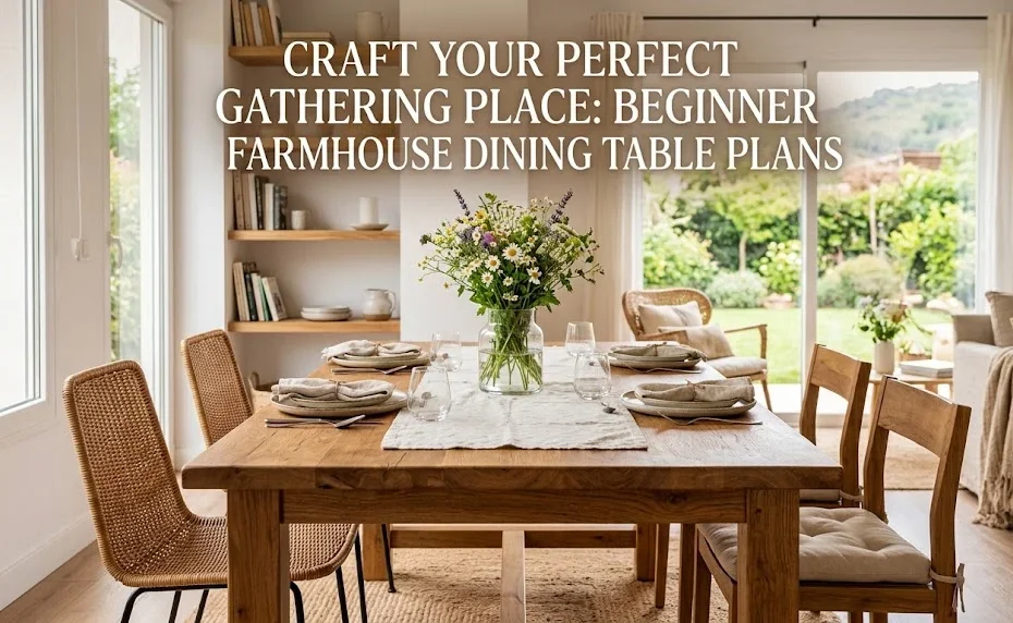 Handcrafted wooden farmhouse dining table with wildflower centerpiece in a bright modern room.