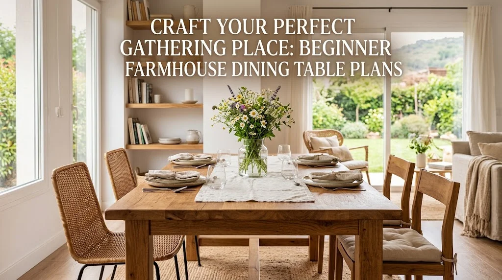 Handcrafted wooden farmhouse dining table with wildflower centerpiece in a bright modern room.
