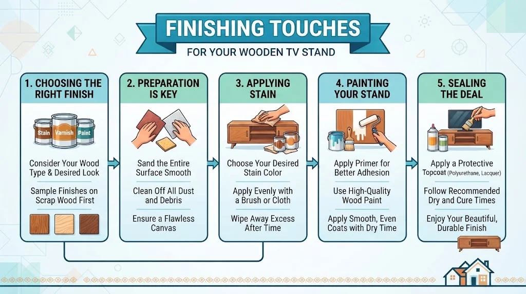 Infographic titled "Finishing Touches for Your Wooden TV Stand," featuring five sequential illustrated steps: Choosing the Right Finish, Preparation is Key, Applying Stain, Painting Your Stand, and Sealing the Deal, designed in a 16:9 layout.